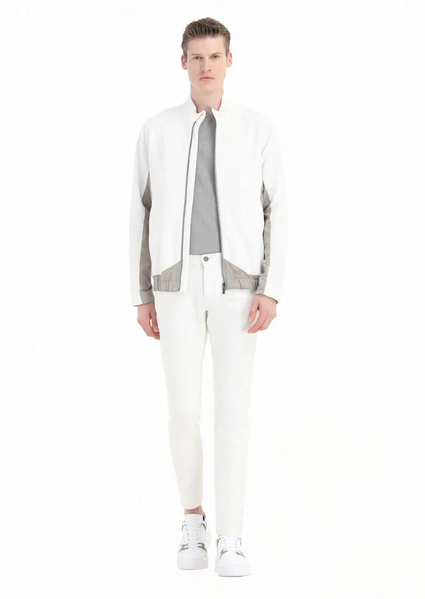 Beyaz Regular Fit Dik Yaka Casual Dokuma Mont - 1