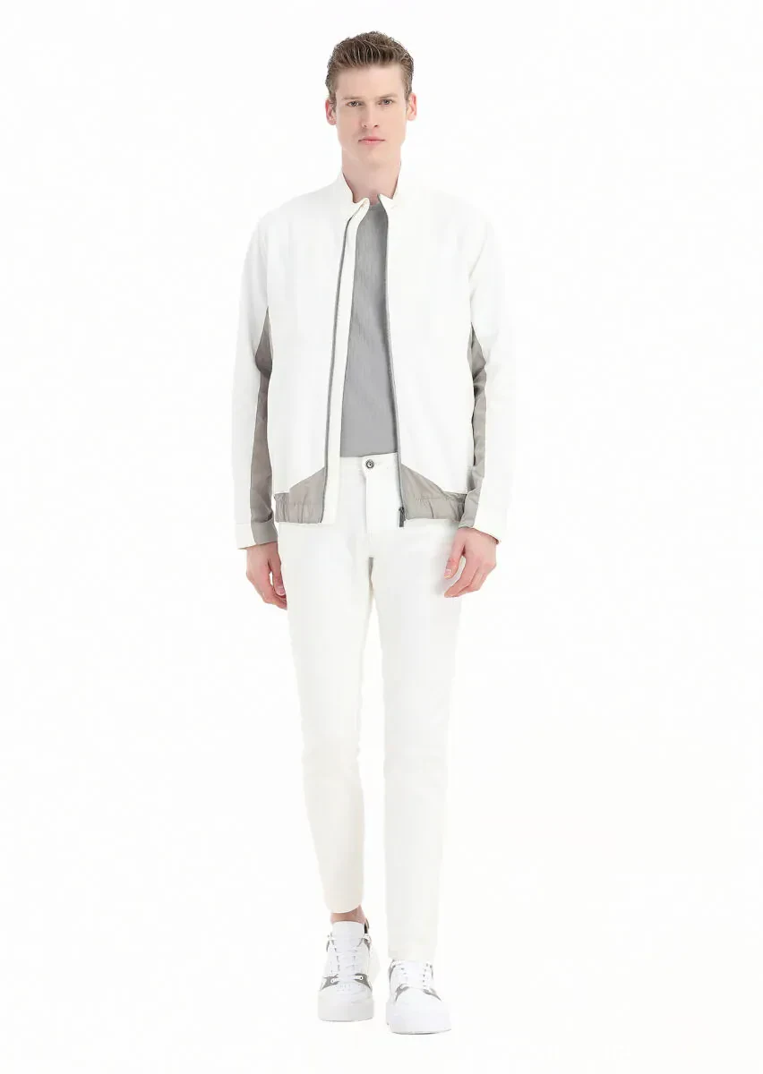 Beyaz Regular Fit Dik Yaka Casual Dokuma Mont - 1