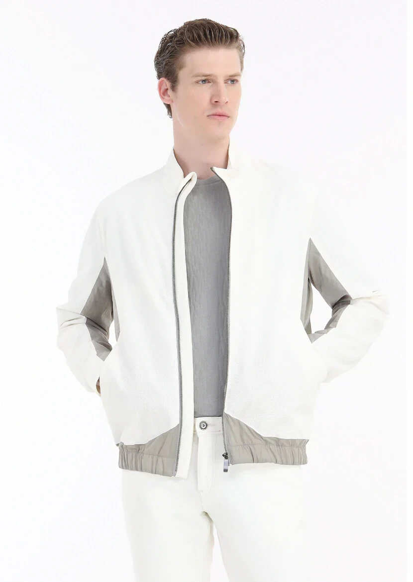 Beyaz Regular Fit Dik Yaka Casual Dokuma Mont - 3