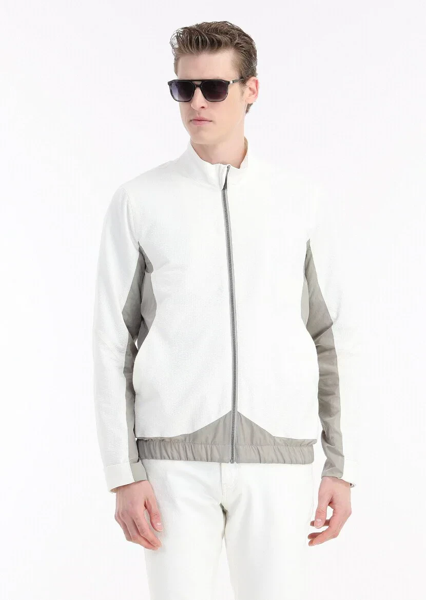 Beyaz Regular Fit Dik Yaka Casual Dokuma Mont - 4