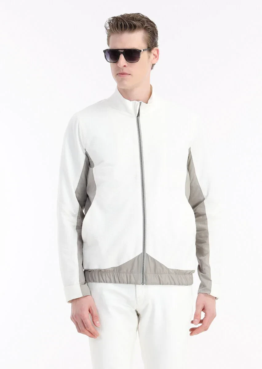 Beyaz Regular Fit Dik Yaka Casual Dokuma Mont - 4