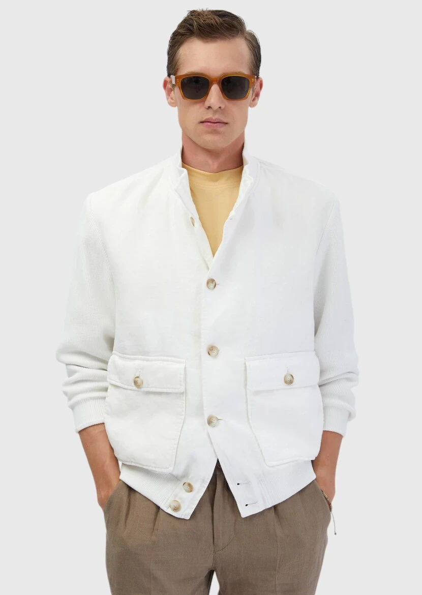 Beyaz Regular Fit Dik Yaka Casual Dokuma Mont - 7