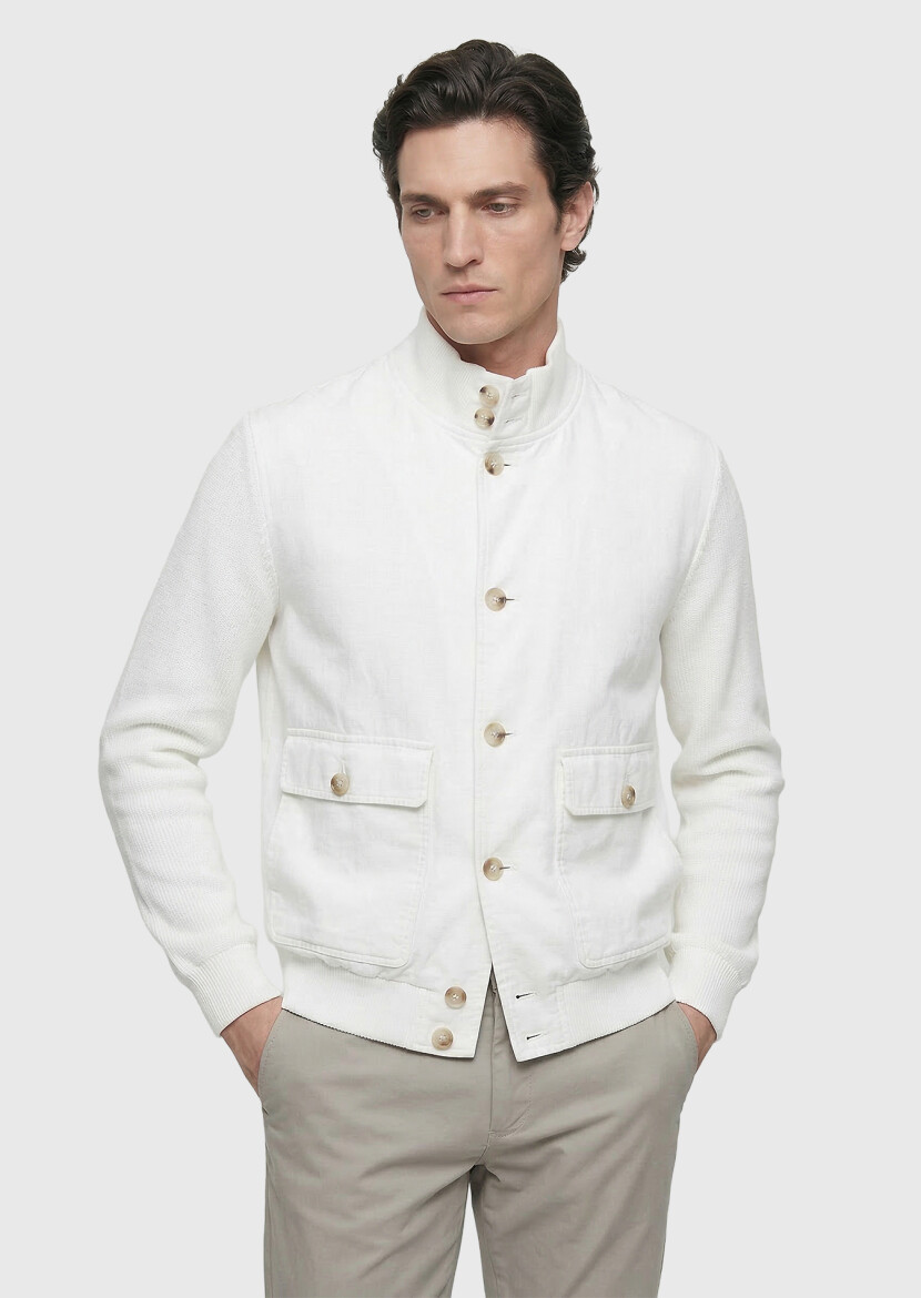 Beyaz Regular Fit Dik Yaka Casual Dokuma Mont - RAMSEY