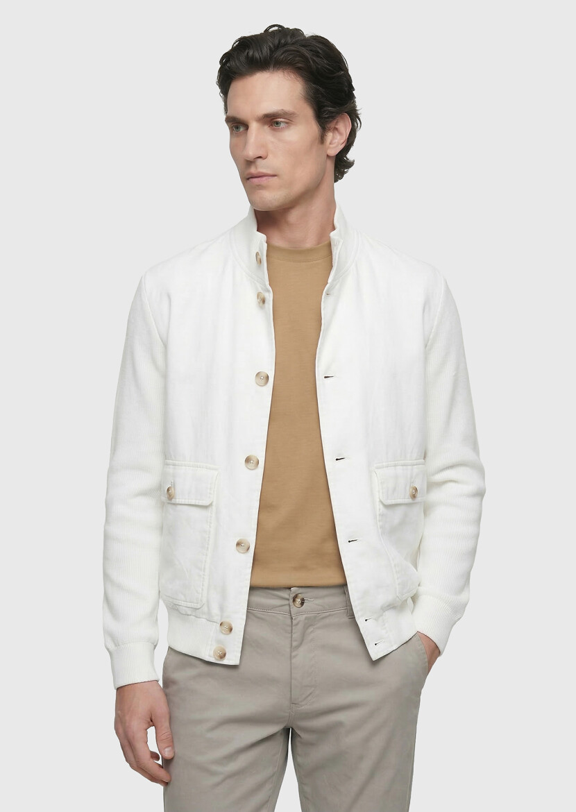 Beyaz Regular Fit Dik Yaka Casual Dokuma Mont - 3