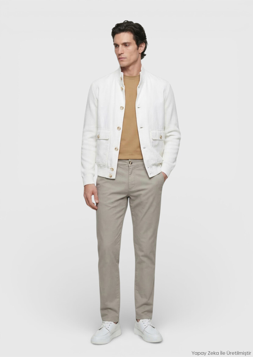 Beyaz Regular Fit Dik Yaka Casual Dokuma Mont - RAMSEY