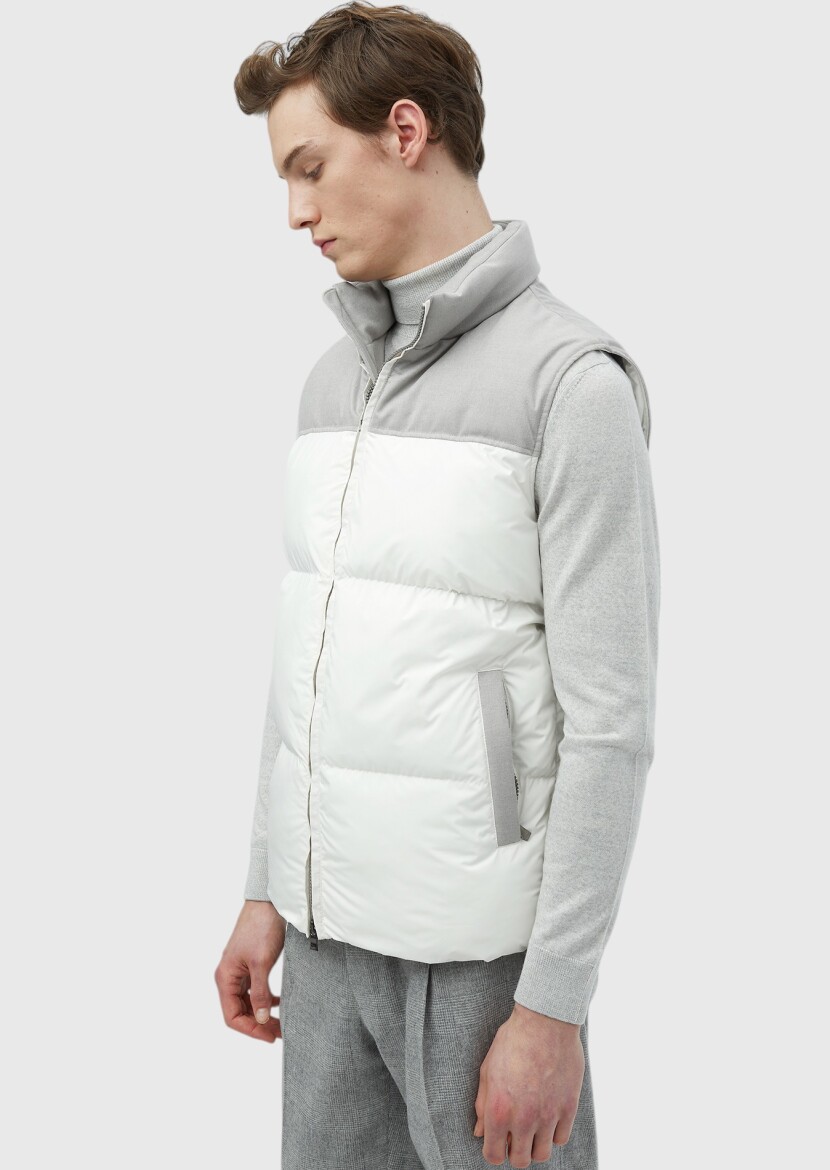 Beyaz Regular Fit Dik Yaka Casual Dokuma Spor Yelek - 4