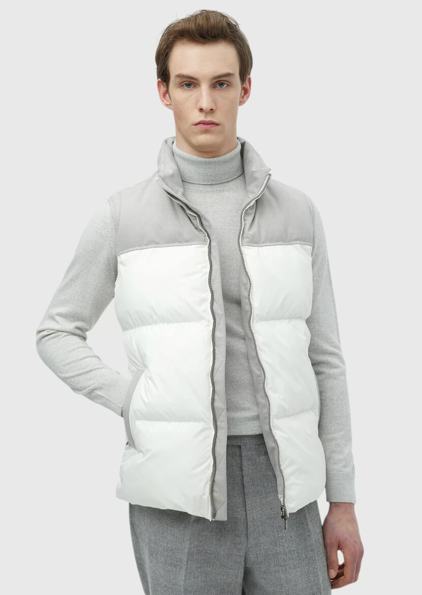 Beyaz Regular Fit Dik Yaka Casual Dokuma Spor Yelek - 1
