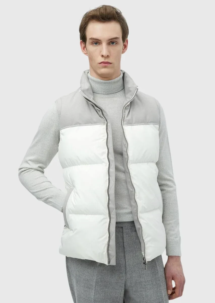 Beyaz Regular Fit Dik Yaka Casual Dokuma Spor Yelek - 1