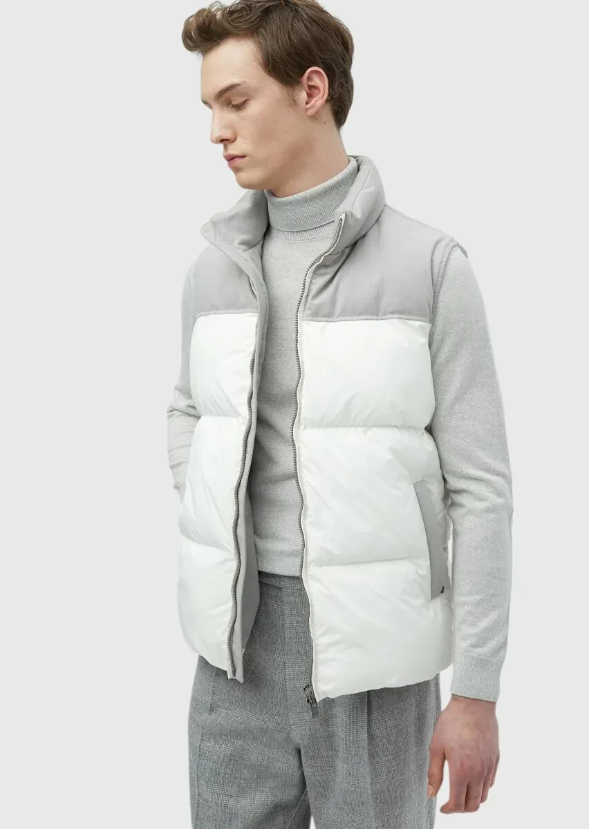 Beyaz Regular Fit Dik Yaka Casual Dokuma Spor Yelek - 3