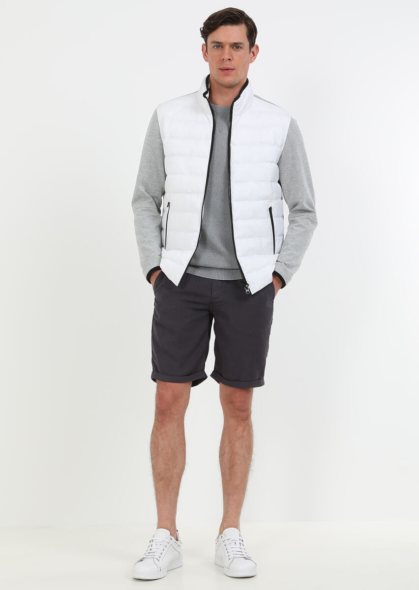 Beyaz Regular Fit Dik Yaka Denim Dokuma Mont - 1