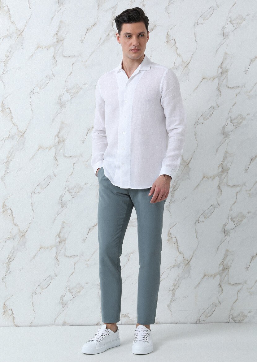 Beyaz Regular Fit Dokuma Casual %100 Keten Gömlek - 3