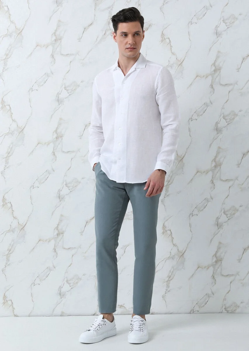 Beyaz Regular Fit Dokuma Casual %100 Keten Gömlek - 3