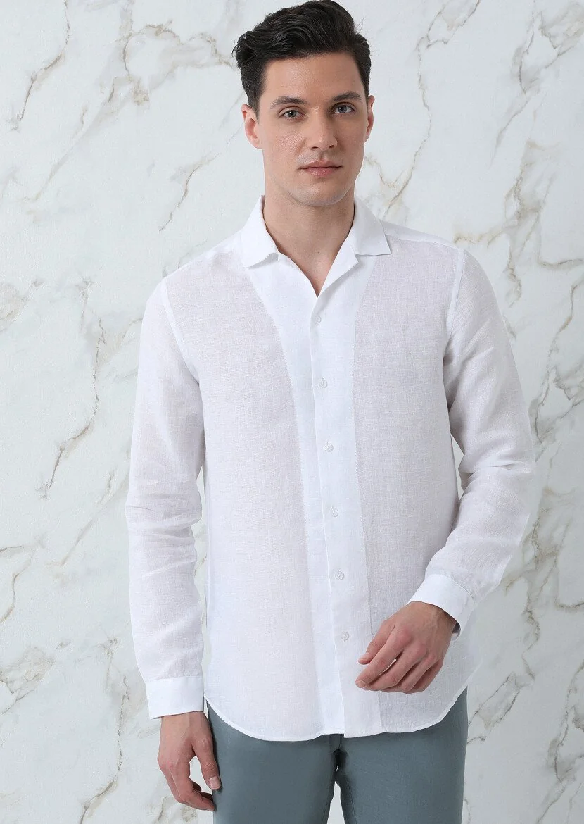Beyaz Regular Fit Dokuma Casual %100 Keten Gömlek - 4