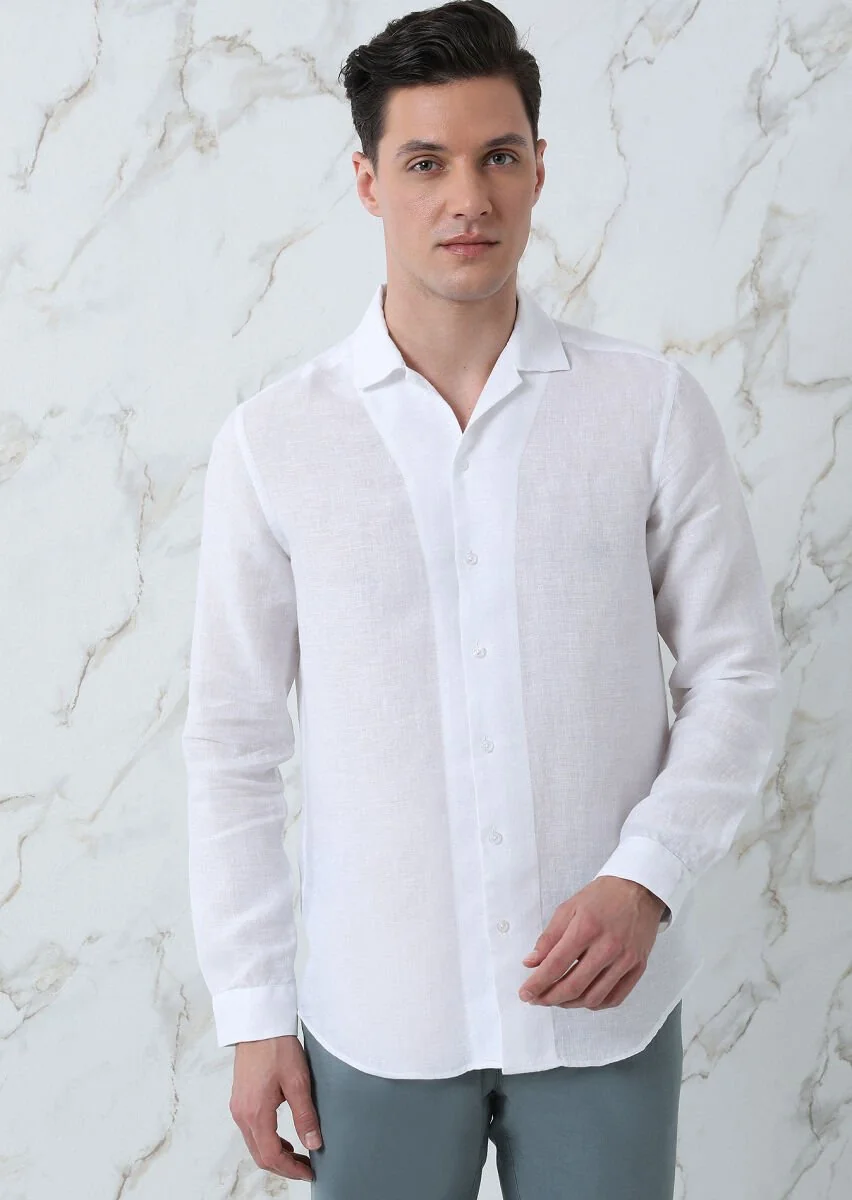 Beyaz Regular Fit Dokuma Casual %100 Keten Gömlek - 4