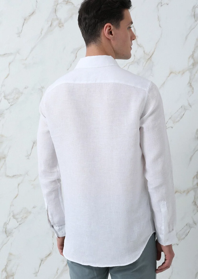 Beyaz Regular Fit Dokuma Casual %100 Keten Gömlek - 5
