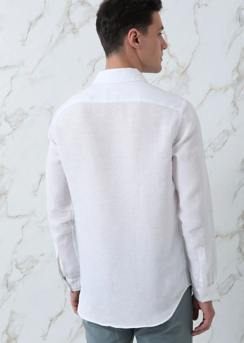 Beyaz Regular Fit Dokuma Casual %100 Keten Gömlek - 5
