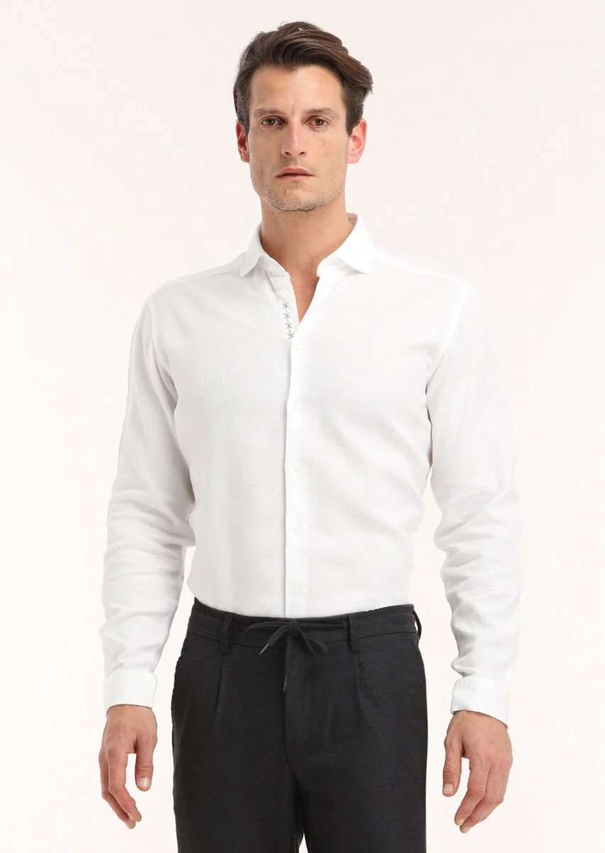 Beyaz Regular Fit Dokuma Casual %100 Pamuk Gömlek - 2