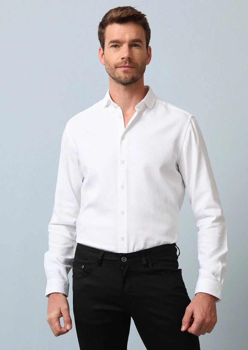 Beyaz Regular Fit Dokuma Casual Pamuk Karışımlı Gömlek 