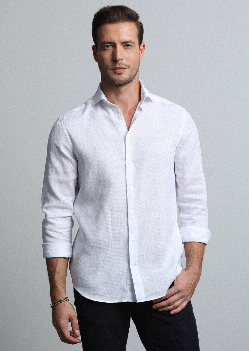 Beyaz Regular Fit Dokuma Casual Pamuk Karışımlı Gömlek - 2