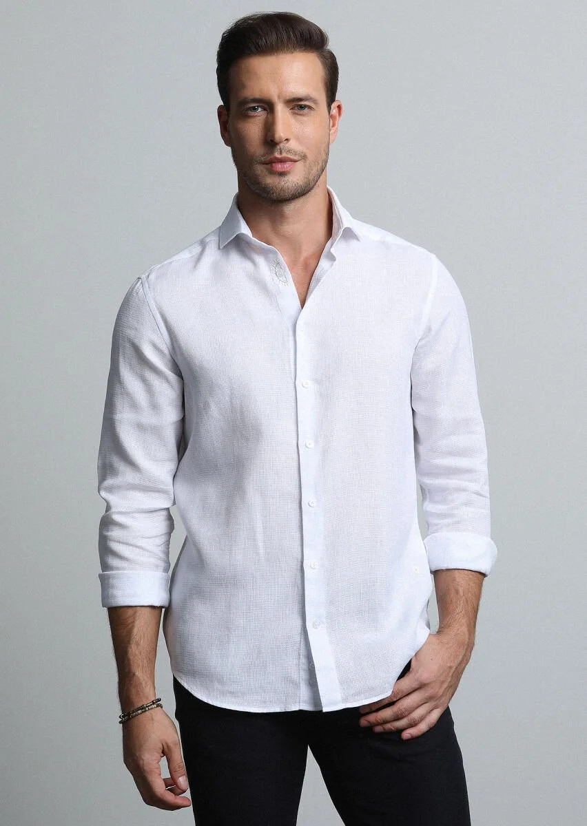 Beyaz Regular Fit Dokuma Casual Pamuk Karışımlı Gömlek - 2