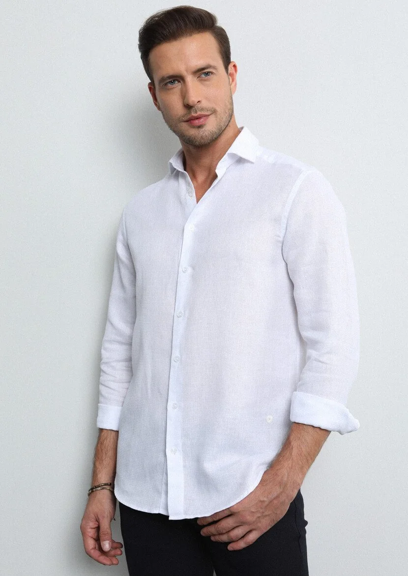 Beyaz Regular Fit Dokuma Casual Pamuk Karışımlı Gömlek - 3