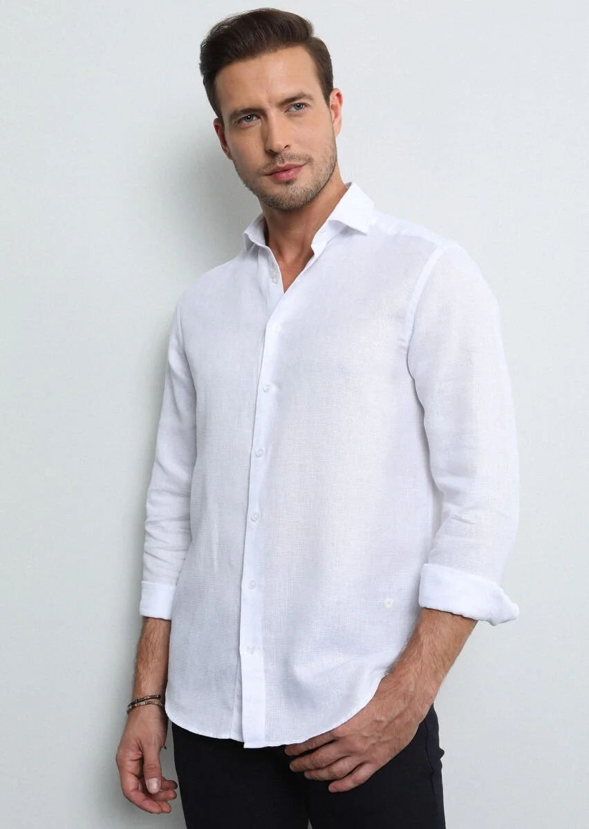Beyaz Regular Fit Dokuma Casual Pamuk Karışımlı Gömlek - 3