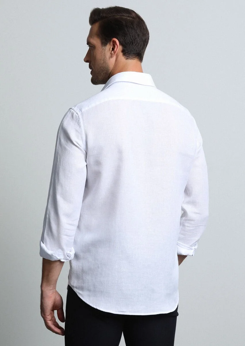 Beyaz Regular Fit Dokuma Casual Pamuk Karışımlı Gömlek - 5