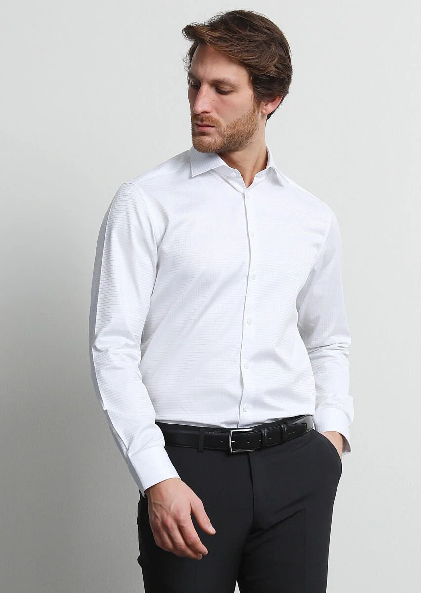 Beyaz Regular Fit Dokuma Klasik %100 Pamuk Gömlek - 3