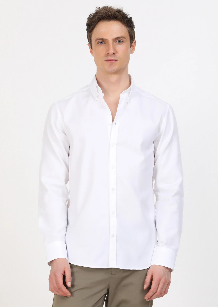 Beyaz Regular Fit Dokuma Klasik %100 Pamuk Gömlek - 4