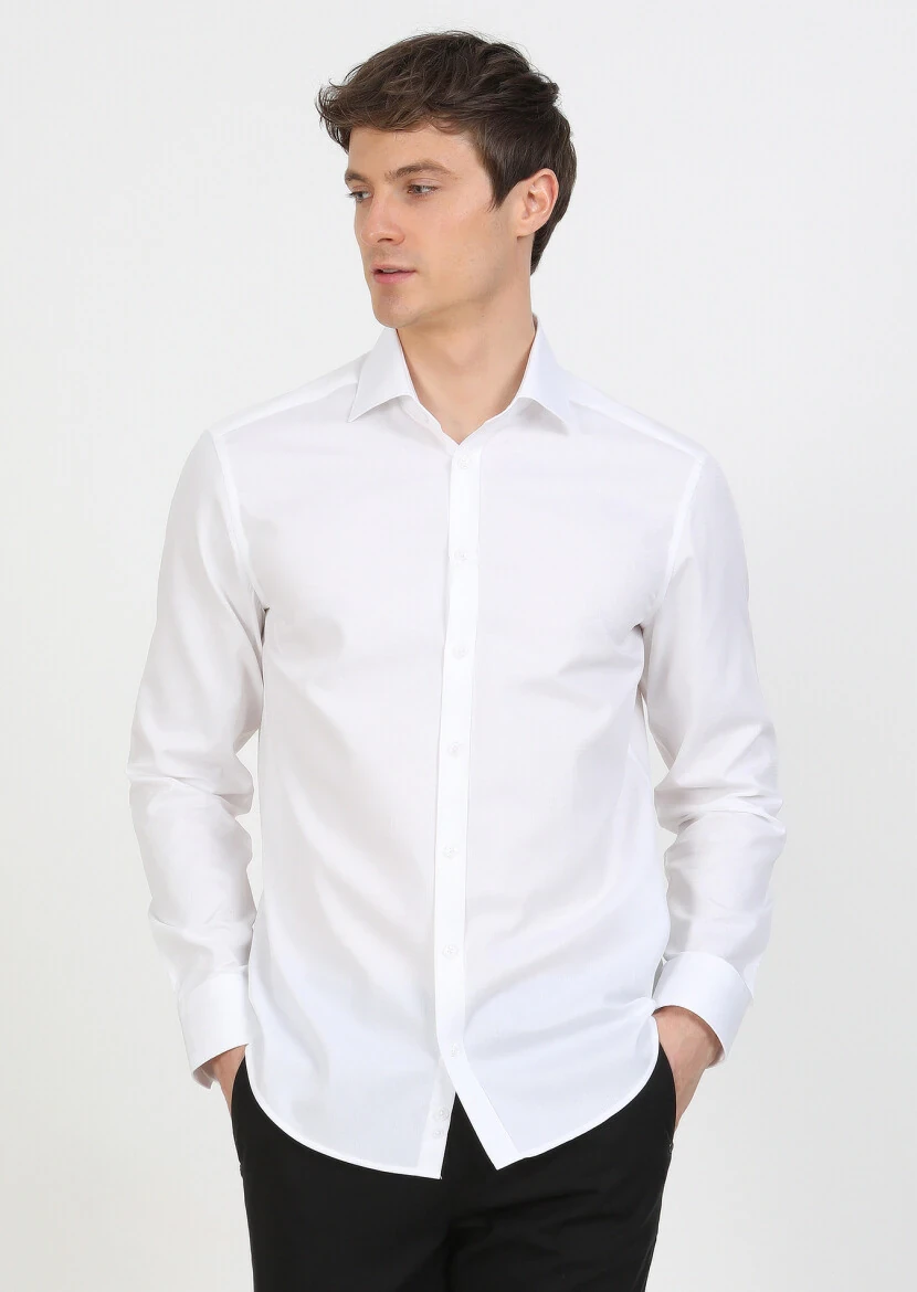 Beyaz Regular Fit Dokuma Klasik %100 Pamuk Gömlek - 1