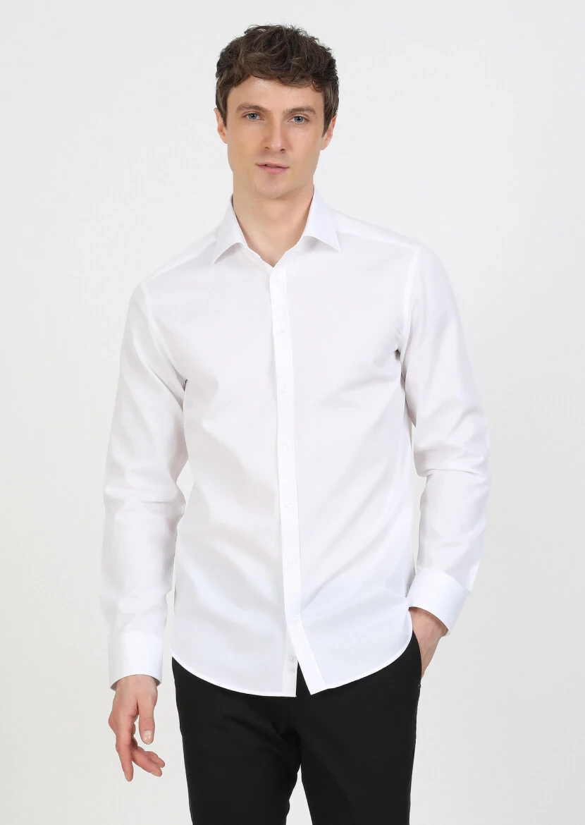 Beyaz Regular Fit Dokuma Klasik %100 Pamuk Gömlek - 3