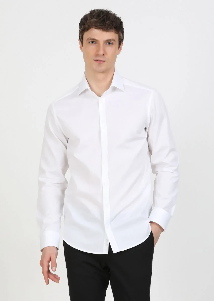 Beyaz Regular Fit Dokuma Klasik %100 Pamuk Gömlek - 3