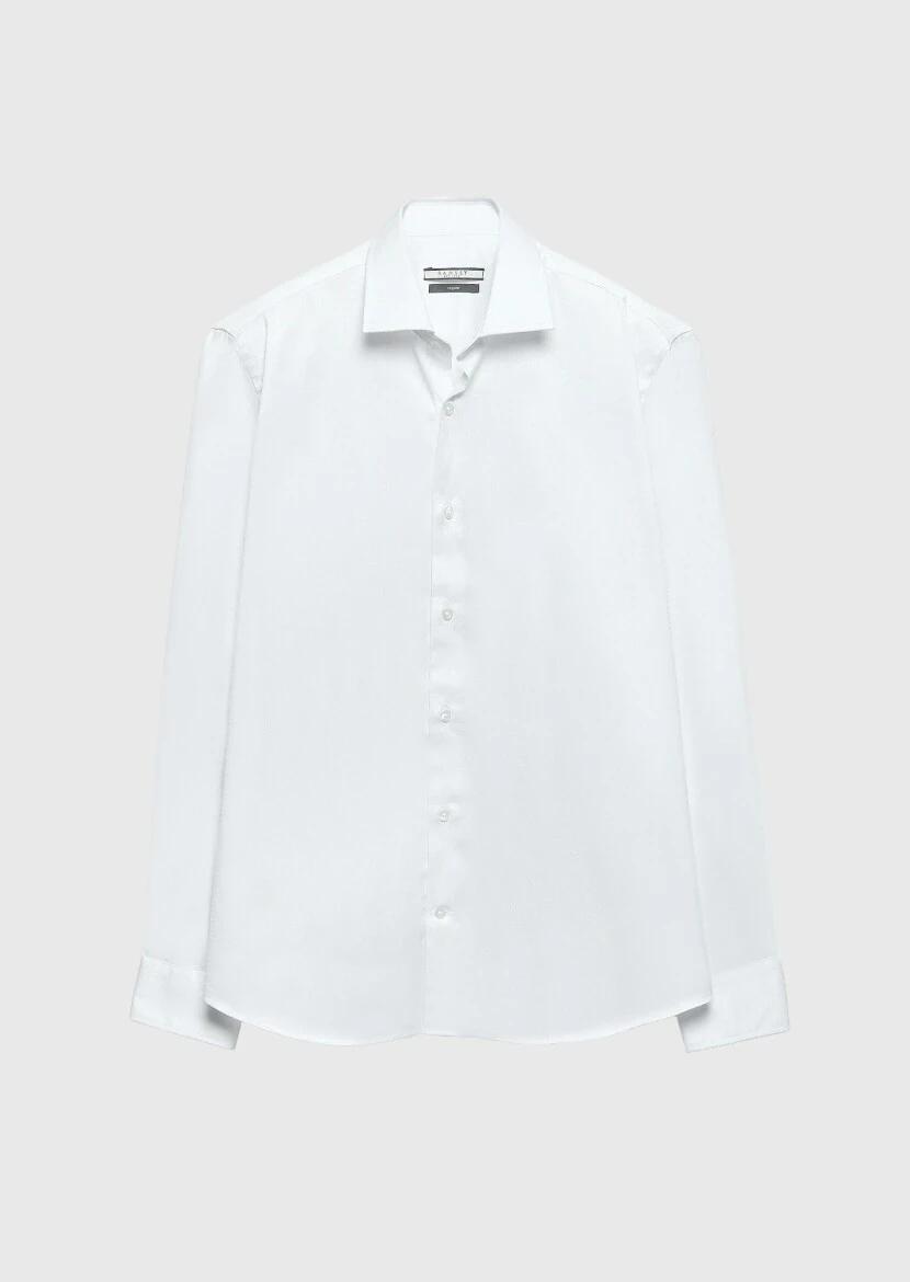 Beyaz Regular Fit Dokuma Klasik %100 Pamuk Gömlek - 6