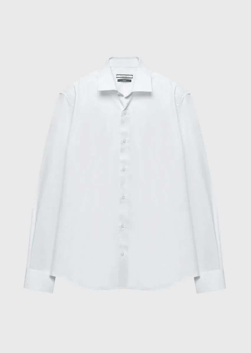 Beyaz Regular Fit Dokuma Klasik %100 Pamuk Gömlek - 6