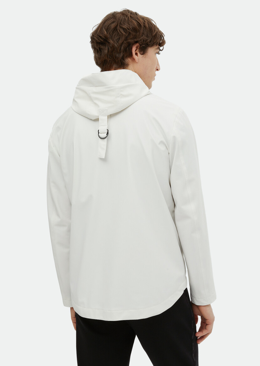 Beyaz Regular Fit Kapüşonlu Casual Dokuma Mont - 5