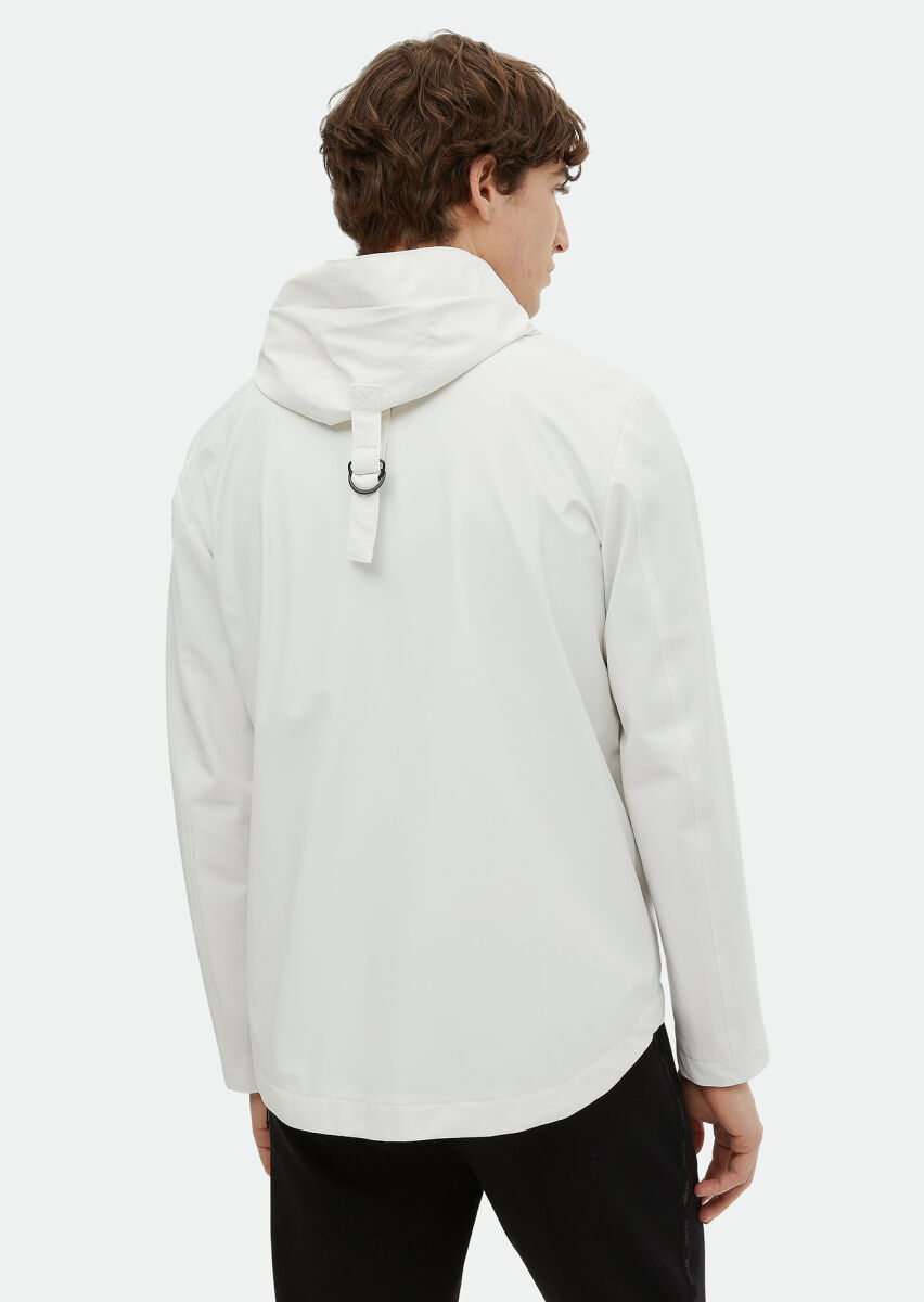 Beyaz Regular Fit Kapüşonlu Casual Dokuma Mont - 5