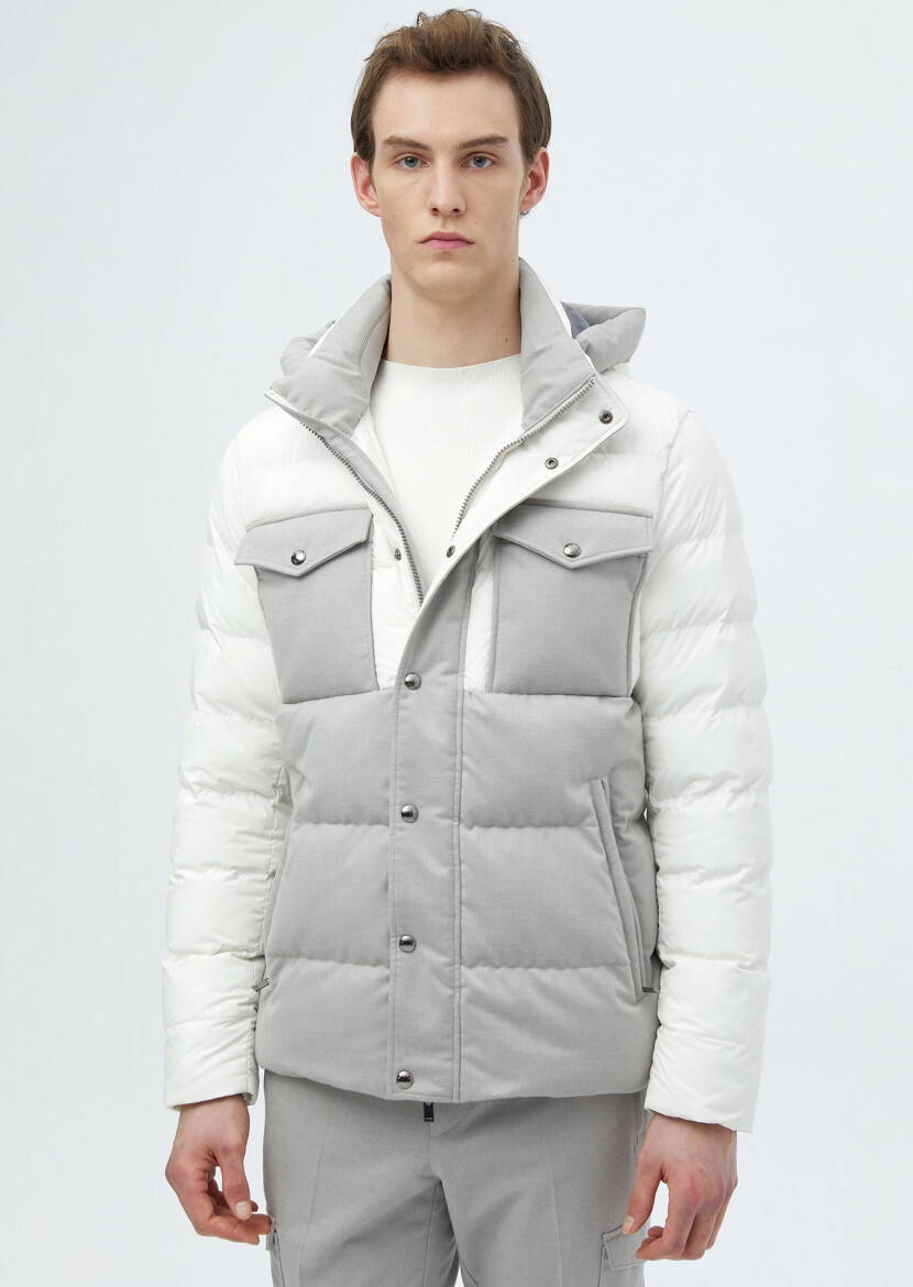 Beyaz Regular Fit Kapüşonlu Casual Dokuma Mont - 1