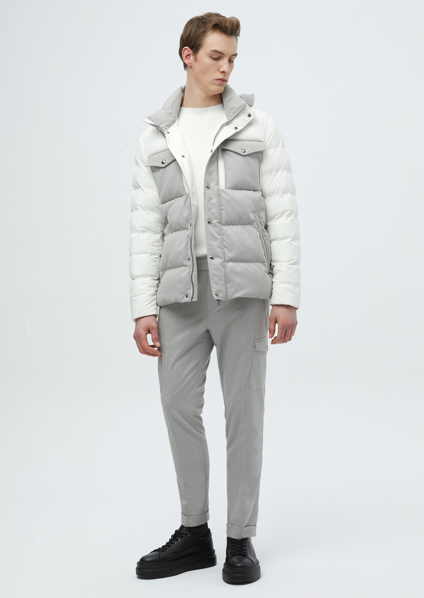 Beyaz Regular Fit Kapüşonlu Casual Dokuma Mont - 2