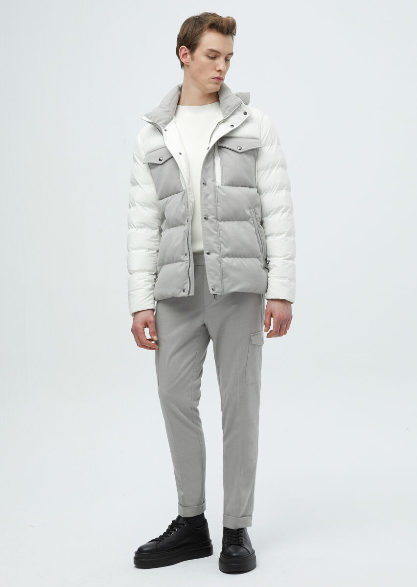 Beyaz Regular Fit Kapüşonlu Casual Dokuma Mont - 2