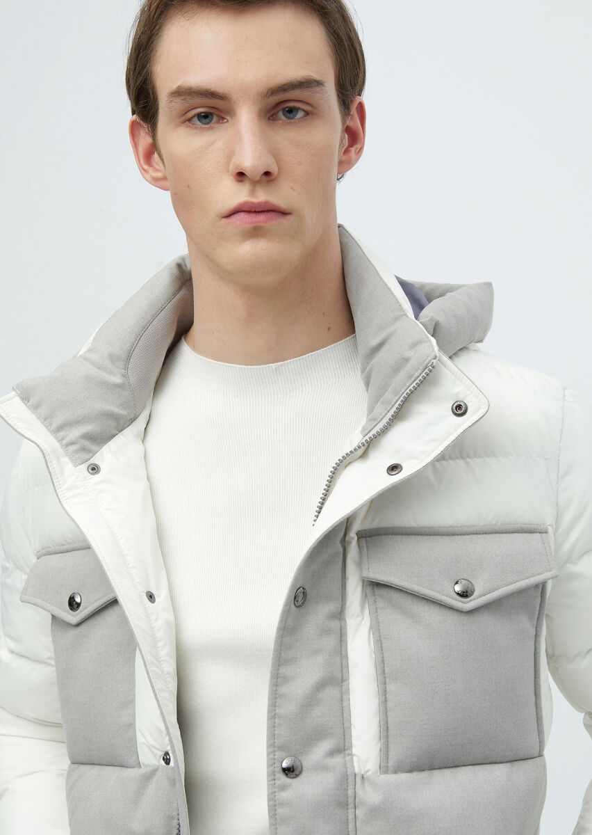 Beyaz Regular Fit Kapüşonlu Casual Dokuma Mont - 4