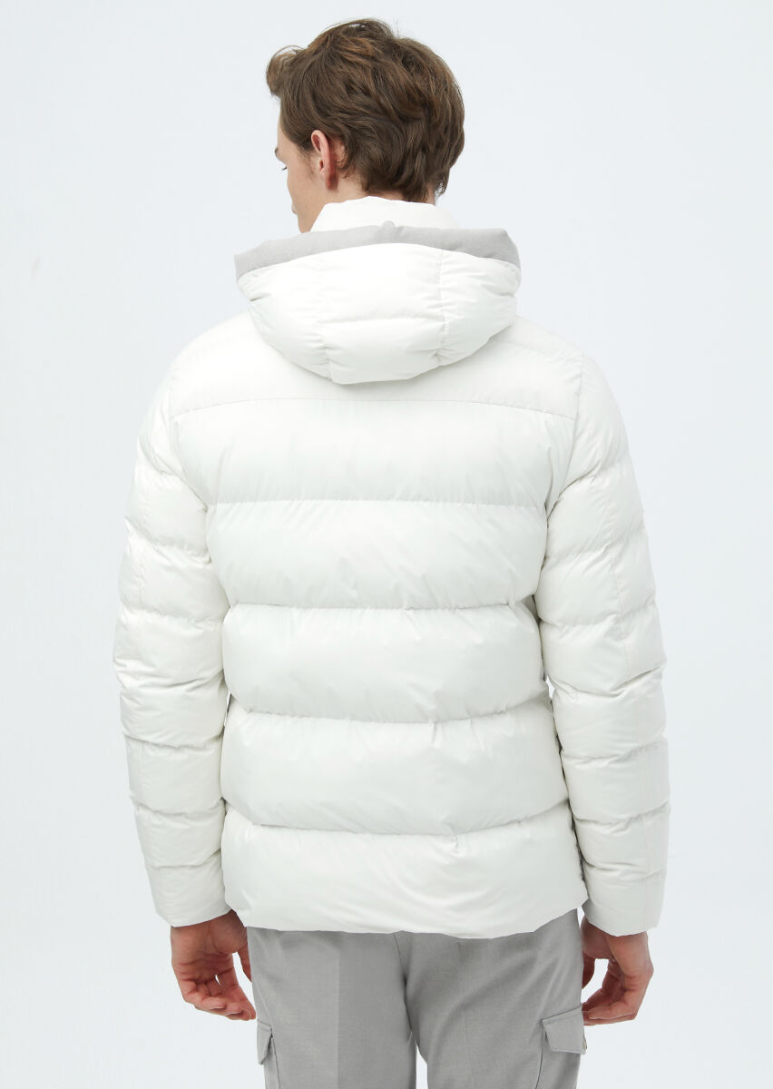 Beyaz Regular Fit Kapüşonlu Casual Dokuma Mont - 7