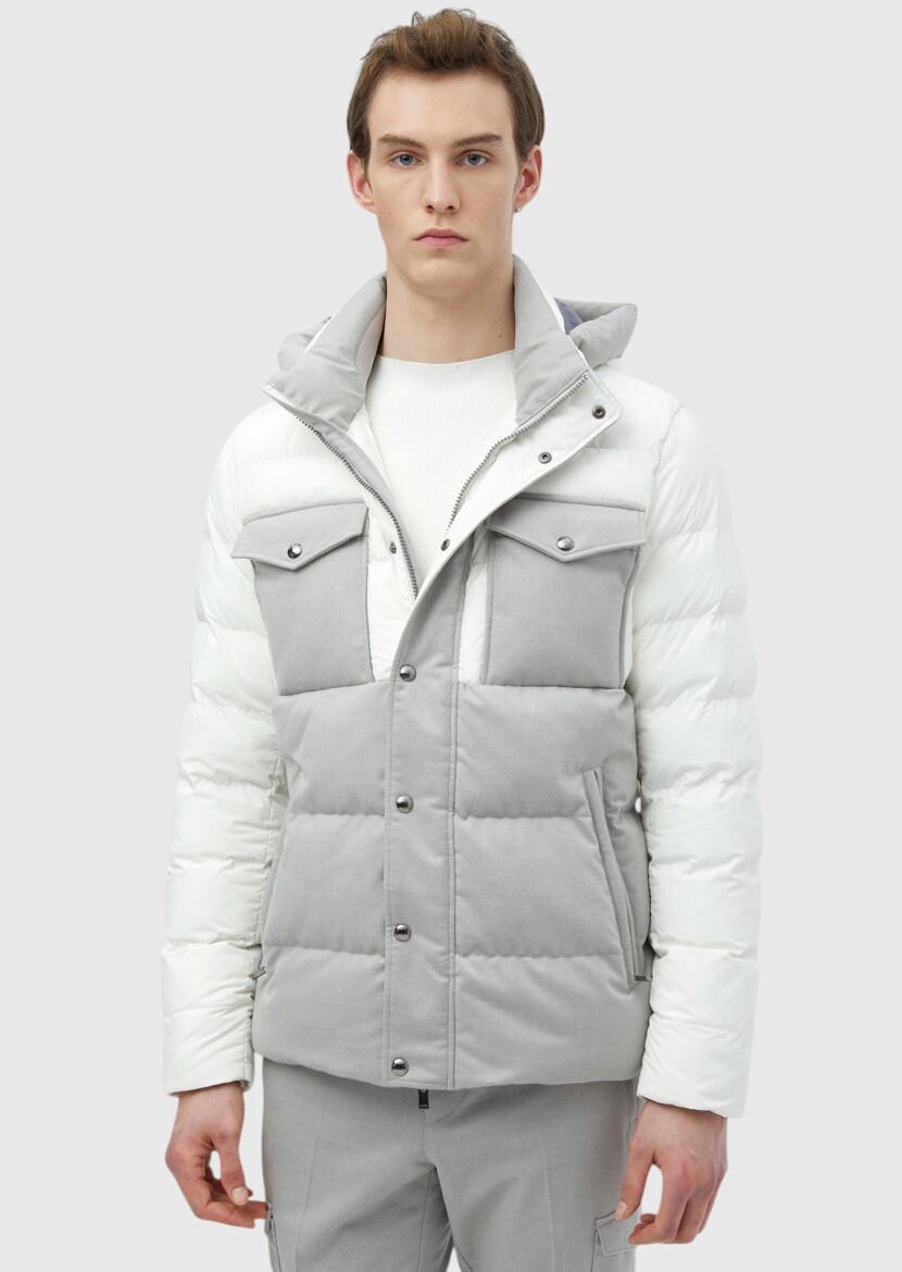 Beyaz Regular Fit Kapüşonlu Casual Dokuma Mont - 1