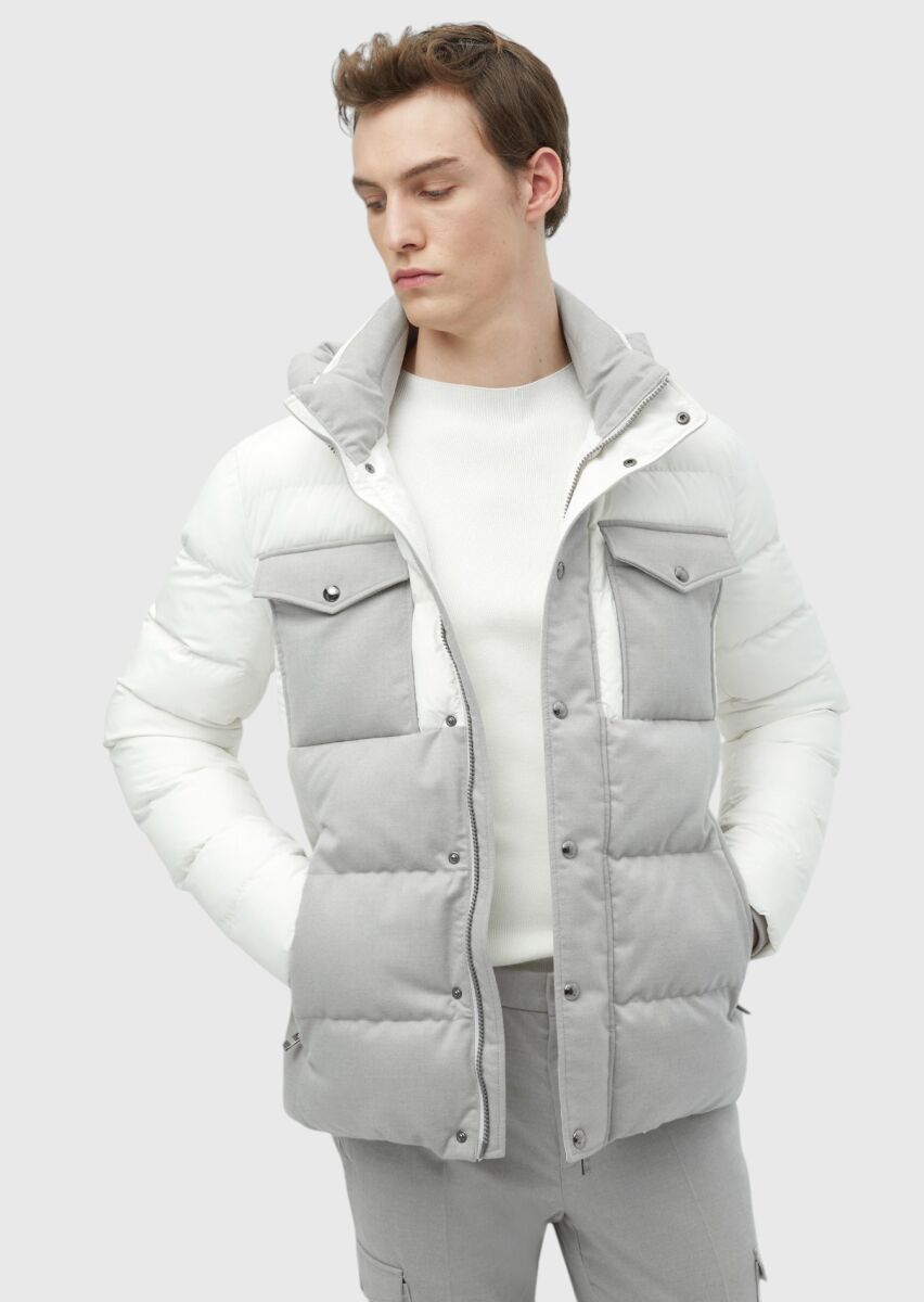 Beyaz Regular Fit Kapüşonlu Casual Dokuma Mont - 3