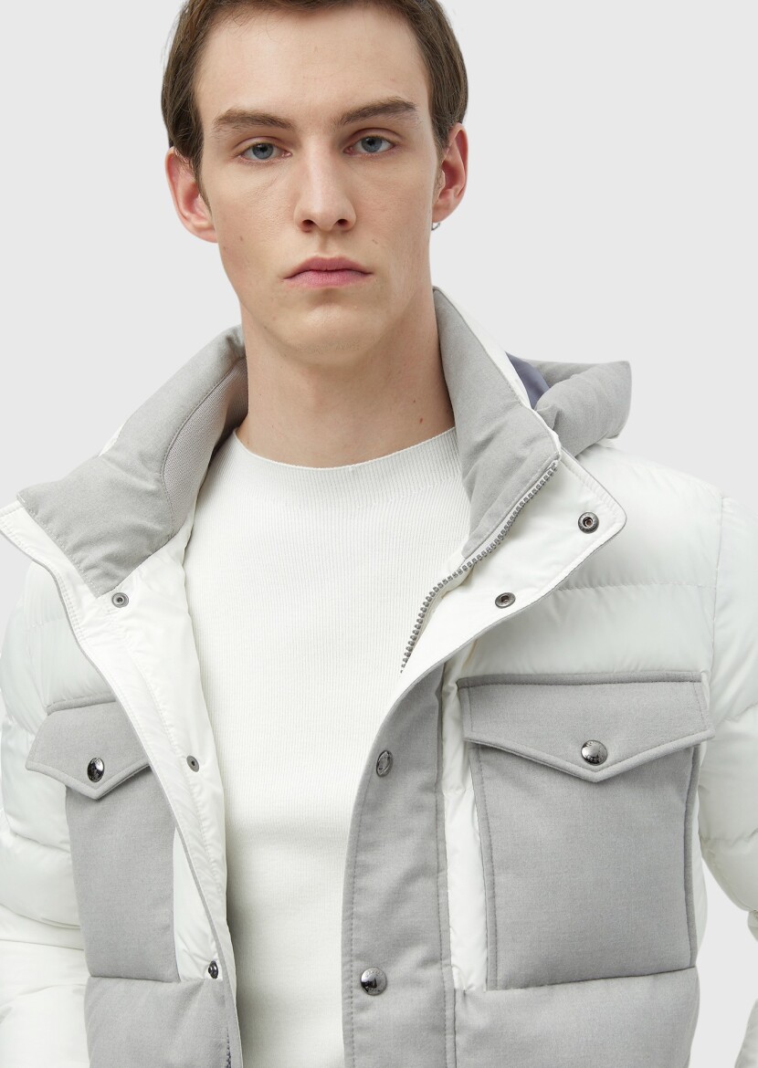 Beyaz Regular Fit Kapüşonlu Casual Dokuma Mont - 4