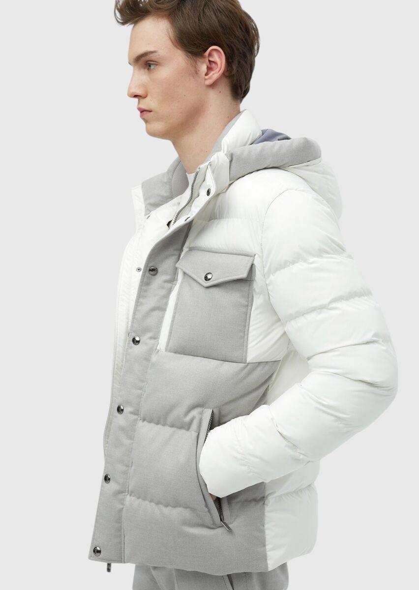 Beyaz Regular Fit Kapüşonlu Casual Dokuma Mont - 5