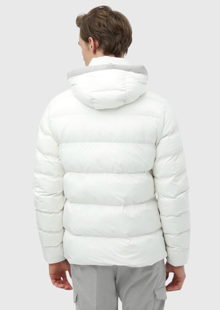 Beyaz Regular Fit Kapüşonlu Casual Dokuma Mont - 7