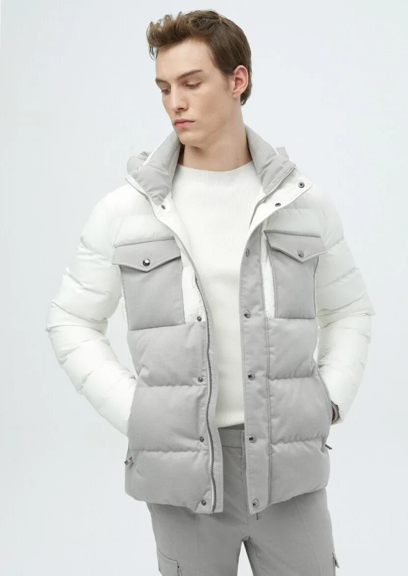 Beyaz Regular Fit Kapüşonlu Casual Dokuma Mont - 3