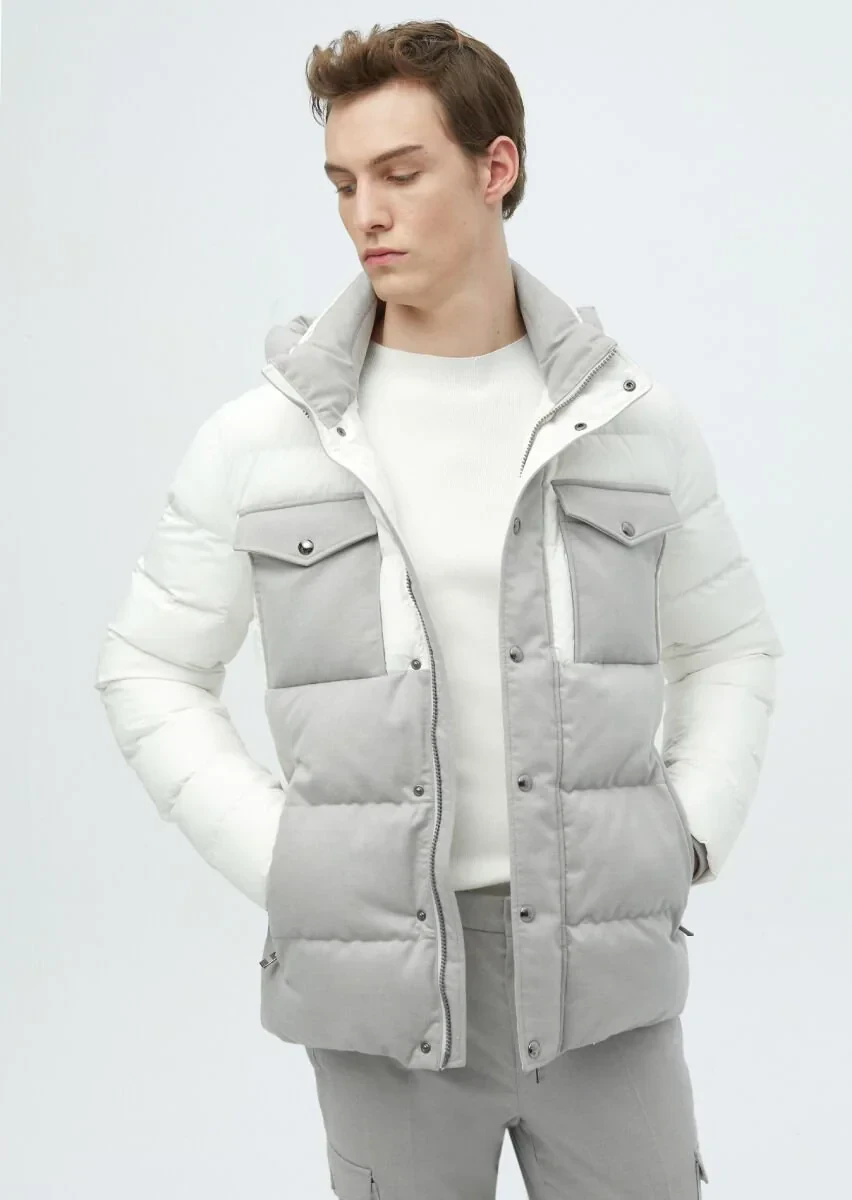 Beyaz Regular Fit Kapüşonlu Casual Dokuma Mont - 3