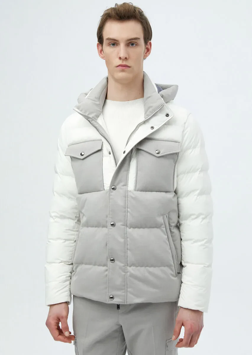 Beyaz Regular Fit Kapüşonlu Casual Dokuma Mont - 1