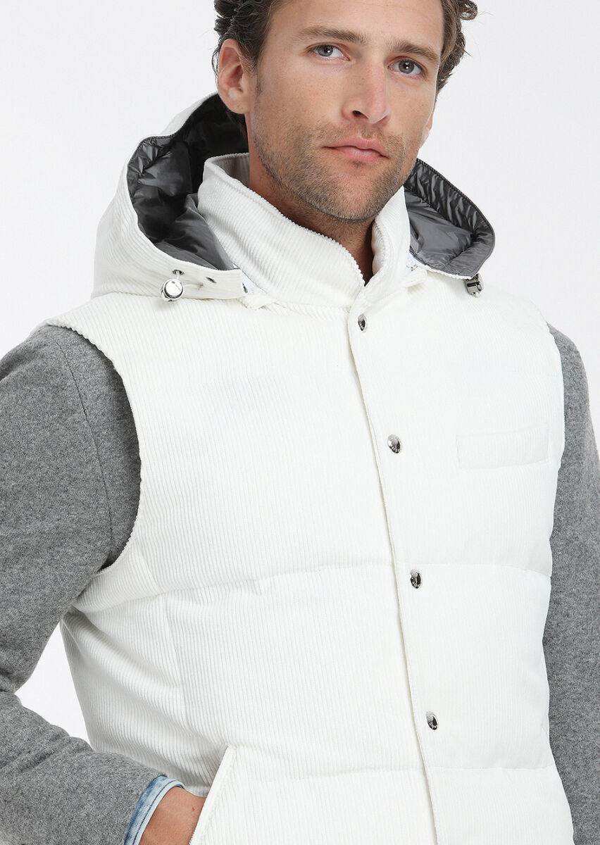 Beyaz Regular Fit Kapüşonlu Casual Dokuma Spor Yelek - 2